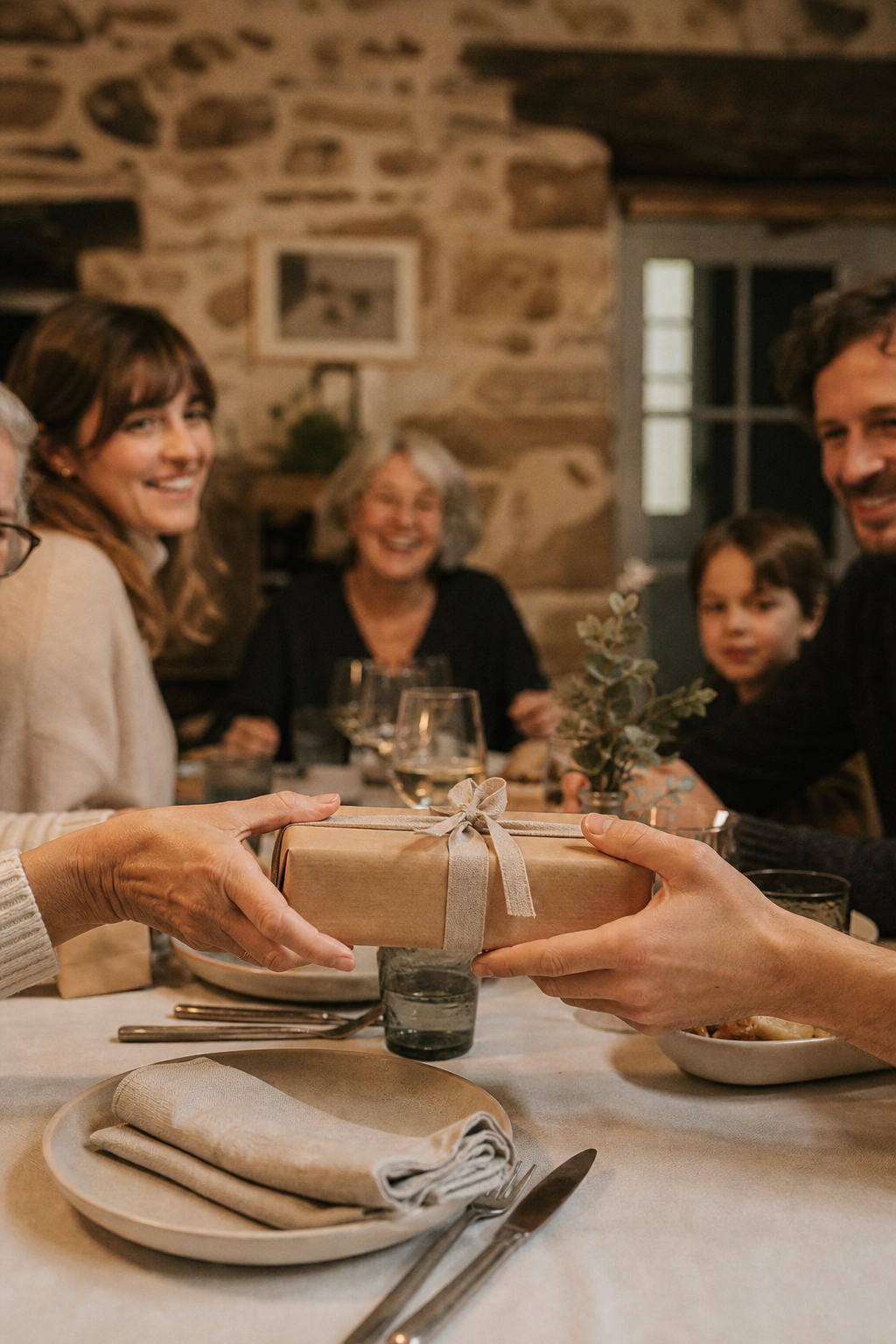 Deux mains tendent un petit paquet en papier kraft à travers une table de fête, devant une famille qui sourit.