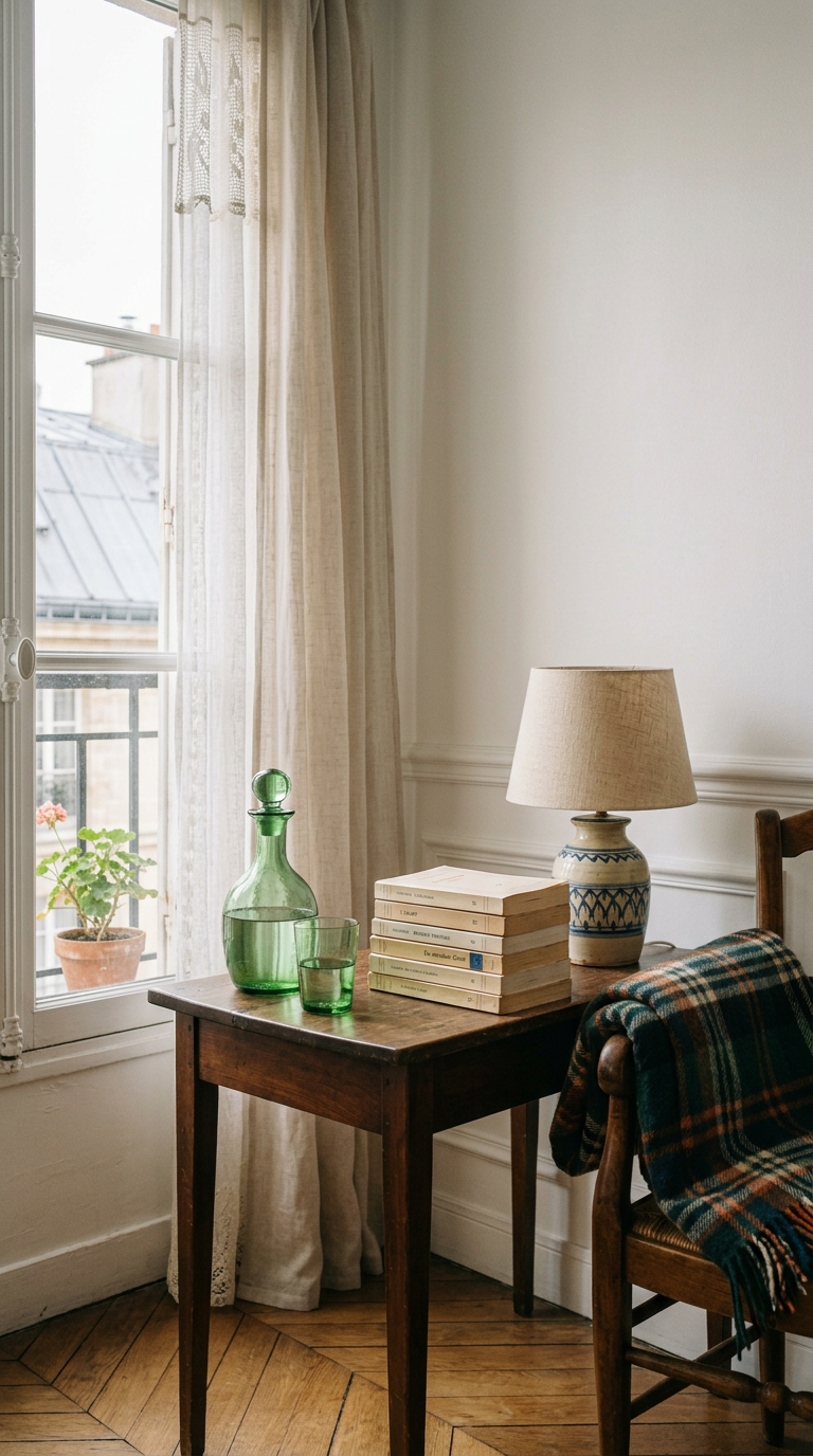 Une table d’appoint près d’une fenêtre : carafe en verre vert, livres empilés, lampe en céramique et plaid écossais.