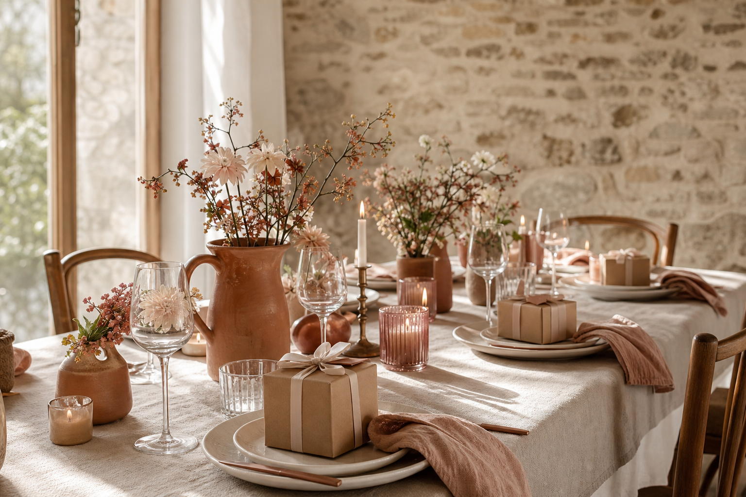 Une grande table de famille dressée dans une maison de pierre : nappe en lin, assiettes en céramique et petits cadeaux en papier kraft.